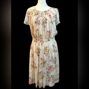 Sundance Floral Midi Dress in Cream and Pink 100% Silk